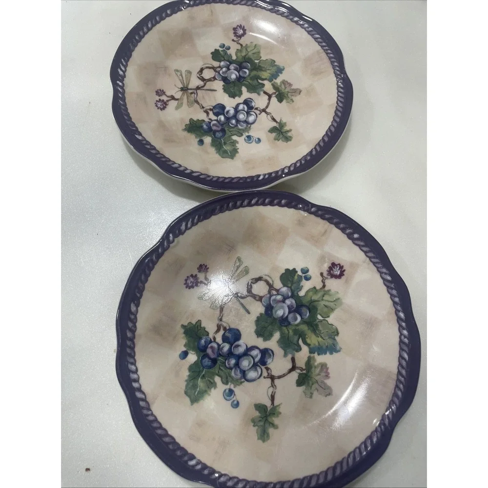 Set of 2 Tracy Porter‎ CLARET COLLECTION Salad Plates Dragonflies Grapes